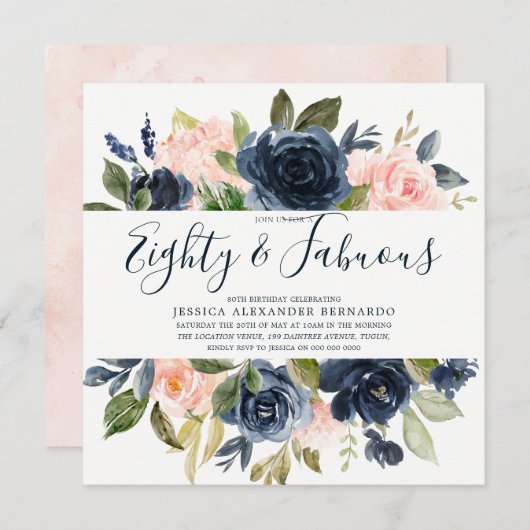 ピンクのネイビー水彩花80th誕生日パーティー 招待状 (正面/裏面)