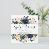 ピンクのネイビー水彩花80th誕生日パーティー 招待状 (スタンド正面)