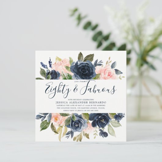 ピンクのネイビー水彩花80th誕生日パーティー 招待状 (スタンド正面)