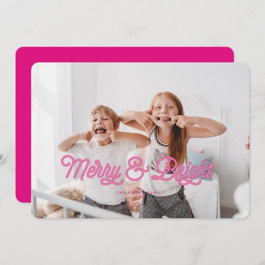 ピンクのネオンと明メリーるいクリスマスカード 招待状 (正面/裏面)