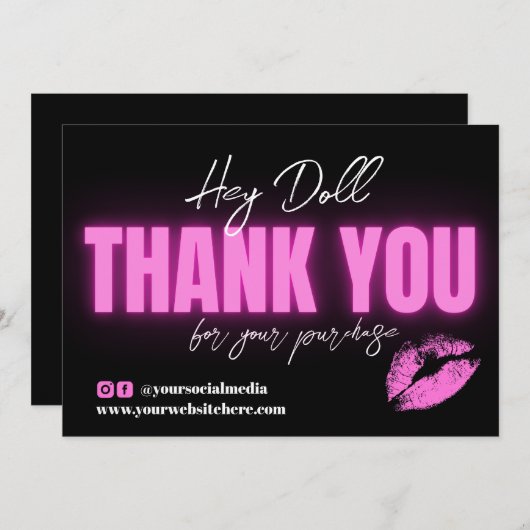 ピンクのネオンサンキューカードとキスアイコン サンキューカード (正面/裏面)