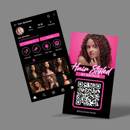 ピンクのネオンヘアサロン Instagram プロフィール QR コード 名刺