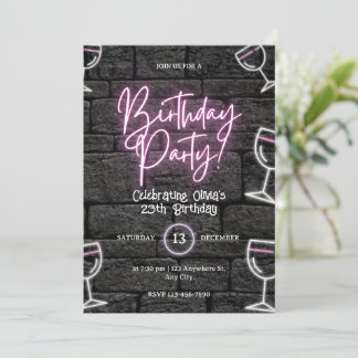 ピンクのネオンライト誕生日用レディース招待状 招待状