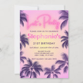 ピンクのネオン輝くパーティー パームツリーと夕焼け 招待状 (正面)
