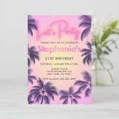 ピンクのネオン輝くパーティー パームツリーと夕焼け 招待状 (スタンド正面)