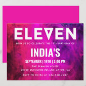 ピンクのネオン11歳の誕生日 招待状 (正面/裏面)