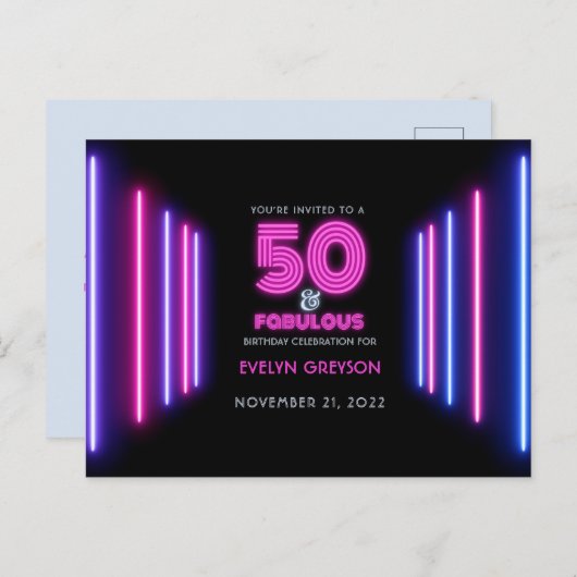 ピンクのネオン50と素晴らしい50th誕生日パーティー インビテーションポストカード (正面/裏面)