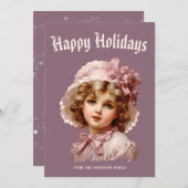 ピンクのノスタルジックな少女のホリデーカード シーズンカード (正面/裏面)