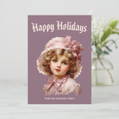 ピンクのノスタルジックな少女のホリデーカード シーズンカード (スタンド正面)