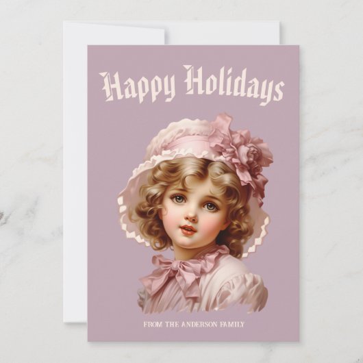 ピンクのノスタルジックな少女のホリデーカード シーズンカード (正面)