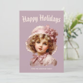 ピンクのノスタルジックな少女のホリデーカード シーズンカード (スタンド正面)