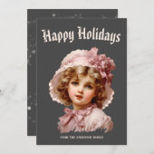 ピンクのノスタルジックな少女のホリデーカード シーズンカード (正面/裏面)