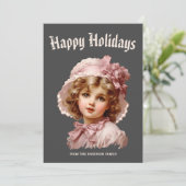 ピンクのノスタルジックな少女のホリデーカード シーズンカード (スタンド正面)