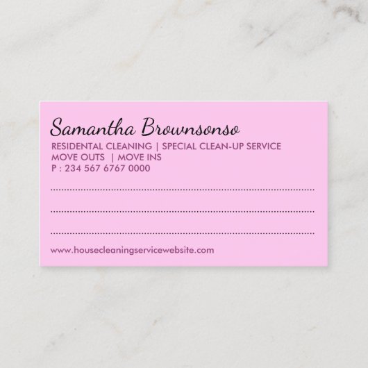 ピンクのノートのサイド清掃員の女性の清掃 名刺 (裏面)