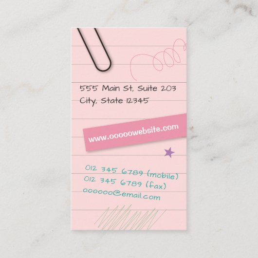 ピンクのノートのページ 名刺 (裏面)