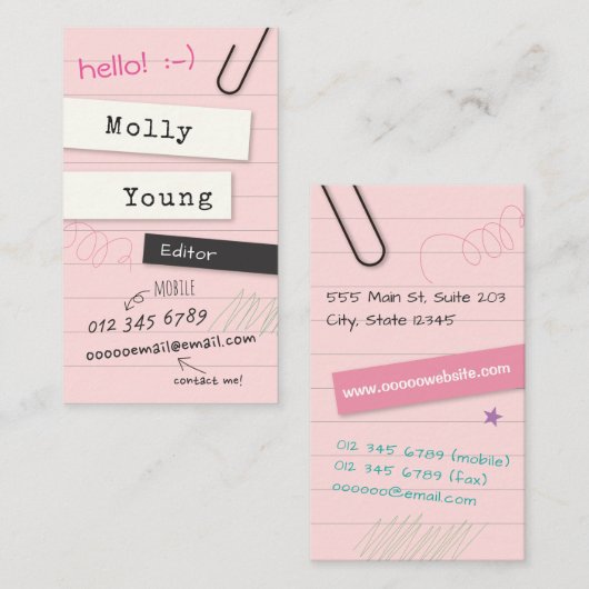 ピンクのノートのページ 名刺