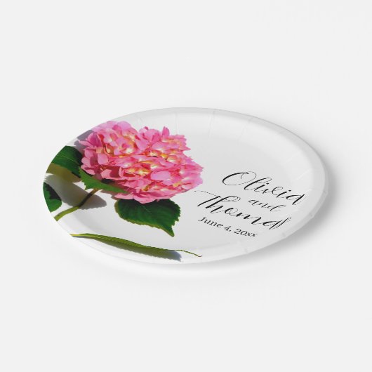 ピンクのハイドランジアとピンクの花とピンクのバラ ペーパープレート (アングル)