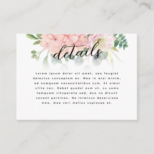 ピンクのハイドランジアのウェディング エンクロージャーカード (正面)