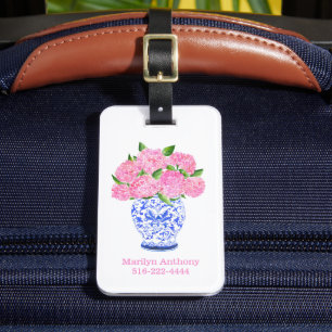 ピンクのハイドランジアのチャイノイズリーベースの名入れギフト ラゲッジタグ