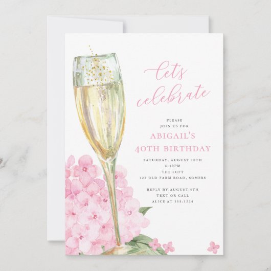 ピンクのハイドランジアの花が咲く お祝いしよう 招待状 (正面)