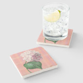 ピンクのハイドランジアの花のアートコースター ストーンコースター (横)