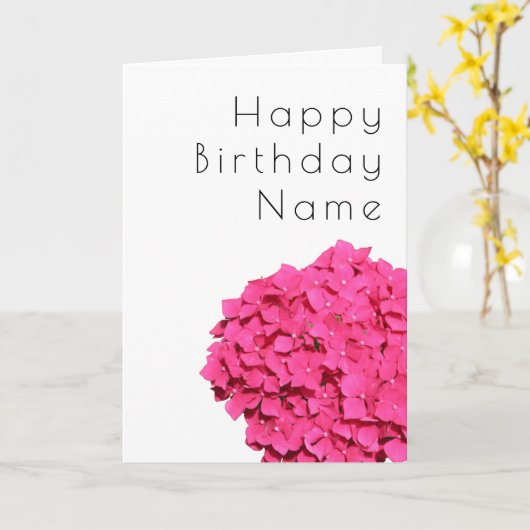 ピンクのハイドランジアの花の白いアートデコの誕生日カード カード (黄色い花)