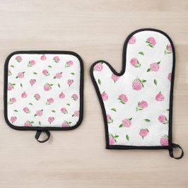 ピンクのハイドランジアの花 フラワープリント 鍋つかみ&鍋敷きセット