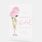 ピンクのハイドランジア & シャンパンシャワー ウェルカム フロステッド アクリルサイン (傾斜)