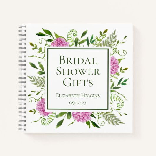 ピンクのハイドランジア ブライダルシャワーのギフト ノートブック (正面)