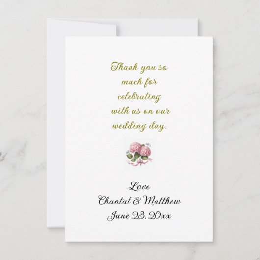 ピンクのハイドランジア 結婚式の感謝の気持ち サンキューカード (裏面)