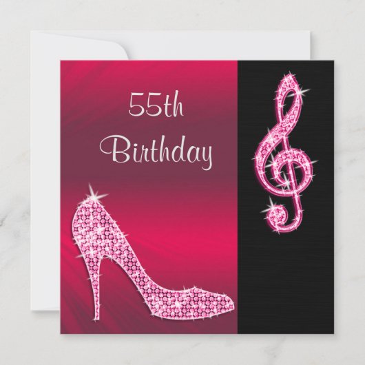 ピンクのハイヒールとト音記号の55歳の誕生日 招待状 (正面)