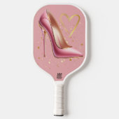 ピンクのハイヒールと金ゴールドハート | ピックルボールラケット (裏面)