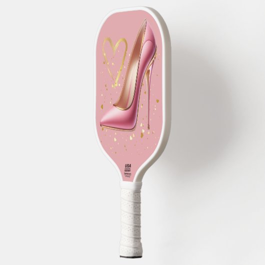 ピンクのハイヒールと金ゴールドハート | ピックルボールラケット (左)