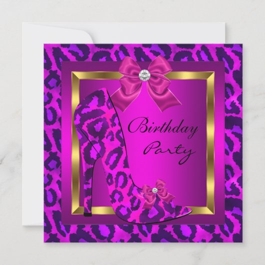 ピンクのハイヒール豹柄の誕生日パーティー 招待状 (正面)