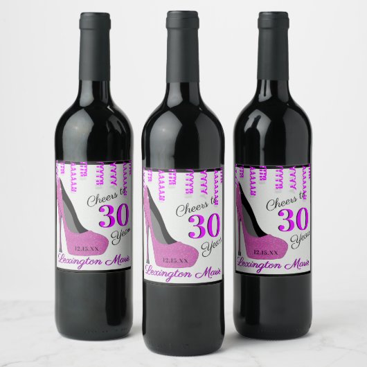 ピンクのハイヒール靴の誕生日パーティーきらめくウィン ワインラベル (ボトル)
