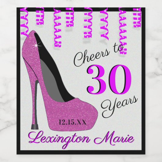 ピンクのハイヒール靴の誕生日パーティーきらめくウィン ワインラベル (シングルラベル)