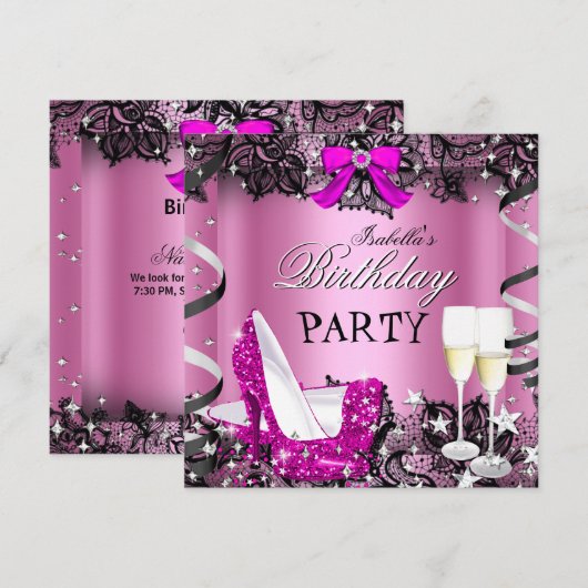 ピンクのハイヒール シャンパン ブラックレース 誕生日パーティー 招待状 (正面/裏面)