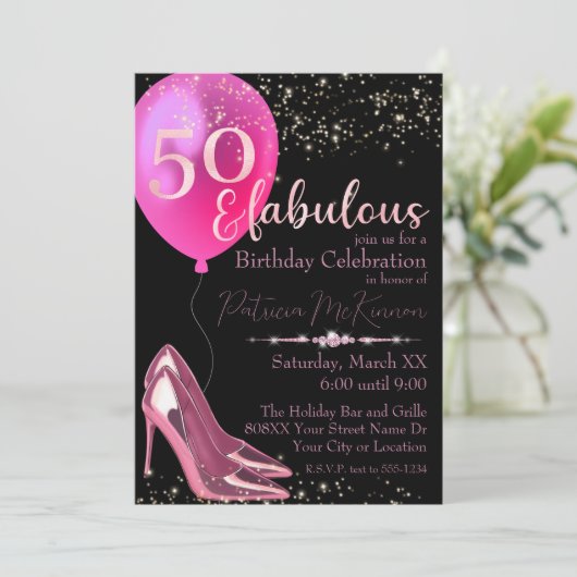 ピンクのハイヒール パーティー 50歳の誕生日 招待状 (スタンド正面)