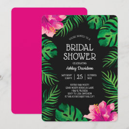 ピンクのハイビスカスとトロピカル葉2ブライダルシャワー 招待状