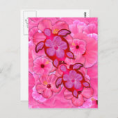 ピンクのハイビスカスとホヌウミガメ ポストカード (正面/裏面)