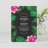 ピンクのハイビスカスと熱帯葉の結婚 招待状 (スタンド正面)