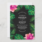 ピンクのハイビスカスと熱帯葉の結婚 招待状 (正面)