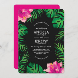 ピンクのハイビスカスと熱帯葉の結婚 招待状
