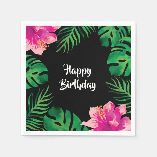 ピンクのハイビスカスと熱帯離れパーティー スタンダードカクテルナプキン (正面)