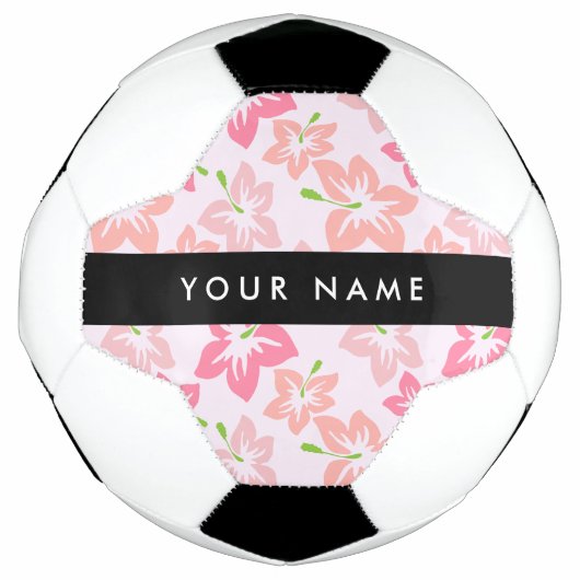 ピンクのハイビスカスと花+お名前 サッカーボール (正面)