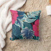 ピンクのハイビスカスと青い葉を持つ花柄 クッション (ブランケット)