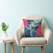 ピンクのハイビスカスと青い葉を持つ花柄 クッション (椅子)