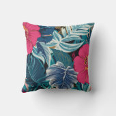 ピンクのハイビスカスと青い葉を持つ花柄 クッション (裏面)