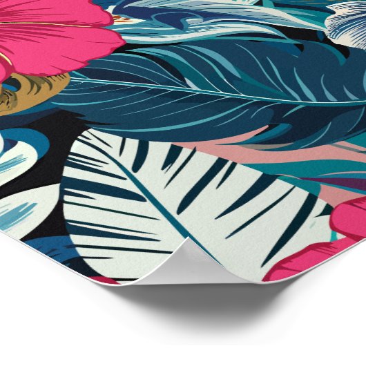 ピンクのハイビスカスと青い葉を持つ花柄 ポスター (角)