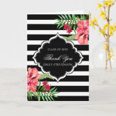 ピンクのハイビスカスと黒ストライプ色のグラデーション カード (黄色い花)